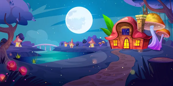 在童话般的森林雪地上 有蘑菇屋的夜村 矢量卡通画的小径跑向幻想中的矮小小屋 有门窗 桥过河 月亮在星空中 — 图库矢量图片