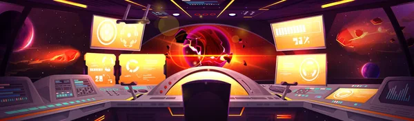 Spaceship Cockpit Room Interior Cartoon Vector Background Futuristic Alien Panel — Stock Vector