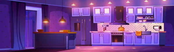 家の背景にテーブルと冷蔵庫が付いているナイトキッチンルームのインテリア カップボード カウンター 冷蔵庫 換気装置のコンセプトが付いている暗い居心地の良い空のアパートのきれいな紫色の調理室 — ストックベクタ