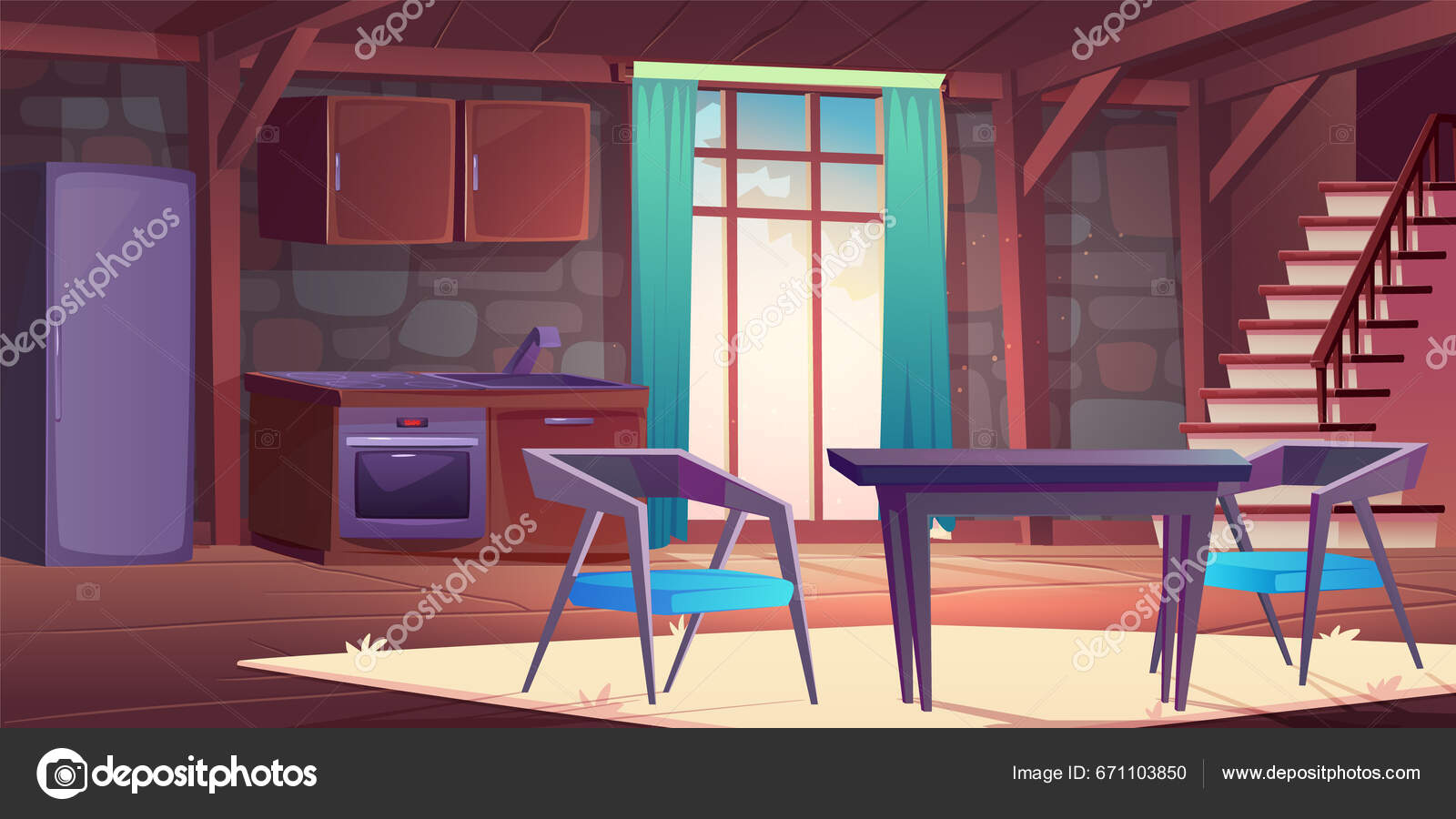 Interior Cozinha Pobre Com Móveis Antigos Ilustração Desenho Animado  Vetorial Vetor de ©klyaksun 671103850, image size:1600x900