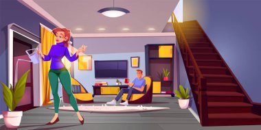 Evin içinde merdivenler ve karikatür vektör arka planı olan bir ev. İçeride oturma odası mobilyaları ve hunili kadın su tesisi. Sarı koltukta oturan adam modern daire çizimi