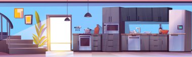 Mutfak odasının içinde yemek masası ve çizgi film arka planı var. Modern buzdolabı, ocak, lavabo ve ocak. Gri yemek aleti ve mavi duvar dekorasyonu panorama tasarımı