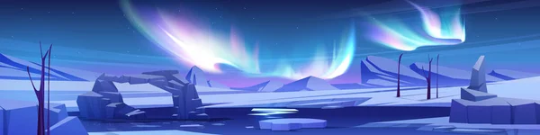 Alaska Night Cartoon Panoramic Background Polar Aurora North Sky Borealis — Stock Vector