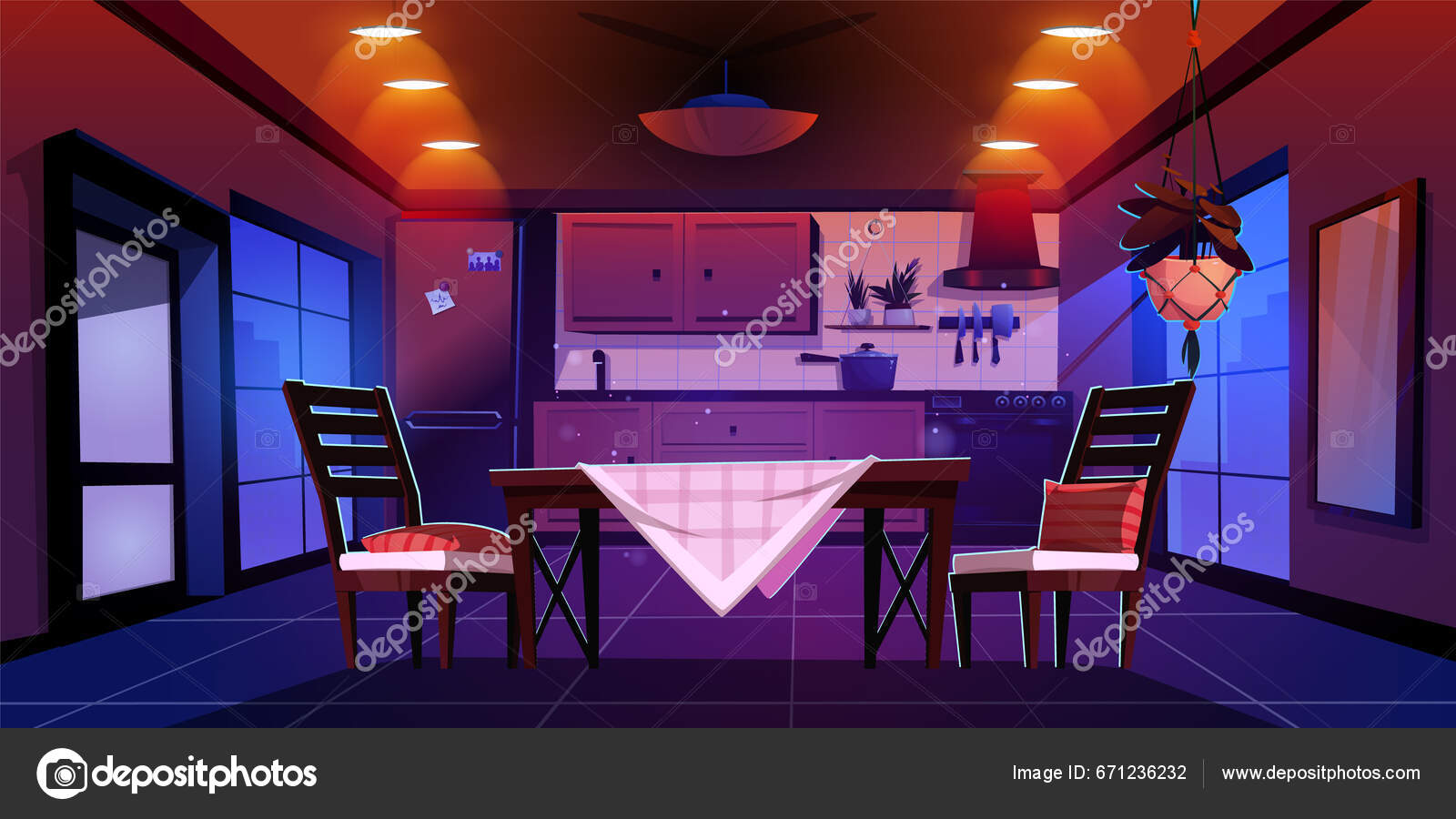 Cozinha Moderna Apartamento Urbano Noite Vetor Desenho Animado Ilustração  Sala Vetor de ©klyaksun 671236232, image size:1600x900