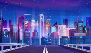 Neon Ufuk Çizgisi 'nin arka planına giden gece yolu. Kentsel iş gökdelenleri panorama inşa ediyor. Modern metropol şehir mimarisi ve çit çevre kavramına sahip büyük otoyol.