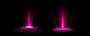 Işık efektli pembe yüksek teknoloji hologram portalları. Fütürist oyun teknolojisinin gerçekçi temsili. Parlayan lazer ışını, neon ışınları, bilim-kurgu evreni.