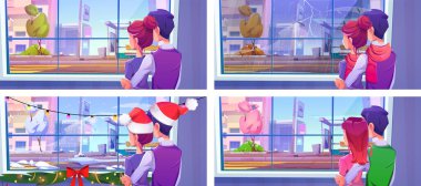 Arka pencerenin yanındaki otobüs durağı manzaralı çift. Kadın ve erkek yazın, sonbaharda, kışın ve baharda güneşli bir günde ya da yıldırımlı bir havada şehir manzarasını seyrediyor..