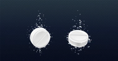 Su altı baloncuklu aspirin tableti. Fizzy beyaz ilaç vitamini, şeffaf arka planda izole edilmiş. Parasetamol dozu köpürüyor. İçmek için migrenden ilaç tedavisi