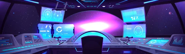 飞船控制舱的内部设有各种控制站和仪表板 监视器 带有大玻璃窗的航天器或火箭驾驶舱室 可内视外层空间 恒星和星系 — 图库矢量图片