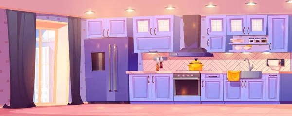 家のキッチンインテリアデザイン漫画イラスト 居心地の良いモダンな家具 ストーブにポット 壁にナイフ カップボードにキッチン用品 空いている部屋のカーテンと日光の窓からの街の景色 — ストックベクタ