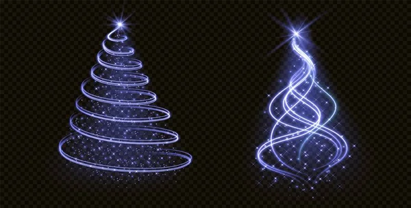 Şeffaf arka planda izole edilmiş neon mavisi spiral ve koni noel ışıklandırması ağaçları. Yıldızlarla süslenmiş ve parlayan parçacıklarla süslenmiş xmas girdaplarının vektör çizimi. Tatil dekorasyonu