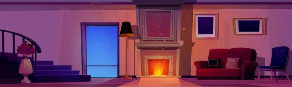 夜は暖炉のある広々としたリビングルーム 家の内部または椅子およびソファーが付いているホテルのロビーのベクトル漫画のイラスト 床ランプ 壁の映像の隣の花瓶のバラの束 — ストックベクタ