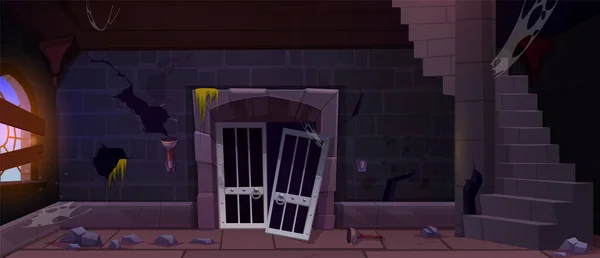 放棄されたゲーム 中世の城刑務所ダンジョン細胞の背景 壊れたドアと床に石が付いた暗いインテリア タワーシーンのイラストの罰のためのケージのゲートが付いている煉瓦の石工の壁 — ストックベクタ