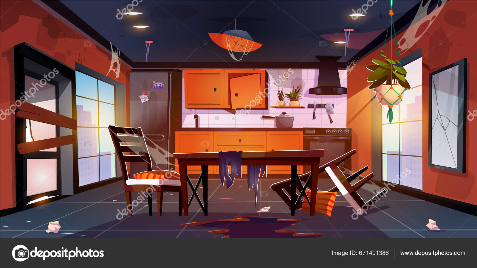 Interior Cozinha Destruída Apartamento Urbano Desenho Animado Vetorial  Ilustração Sala Vetor de ©klyaksun 671401386, image size:1600x900