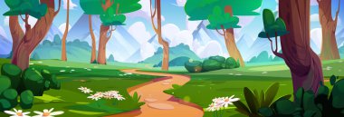 Forest path to mountain nature vector landscape background. Pathway near tree and green grass beautiful valley. Cute sunny chamomile garden scenic game environment or graphic travel backdrop clipart