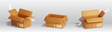 3D karton paket kutusu vektör simgesini aç. Mağaza deposu illüstrasyon seti için izole edilmiş boş kargo. Lojistik, dağıtım veya depolama için bant içeren kurye ürün kağıt kutusu