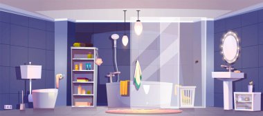 Tuvalet, ayna ve lavabo vektör karikatür arka planlı banyo. Otel odasının duvarında fayans olan modern banyo çizimi. Ev tuvaletinde diş fırçası, havlu ve temiz küvet.