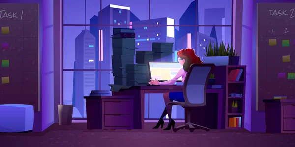 Gece Vektörü Illüstrasyonunda Masasında Bilgisayarı Olan Bir Kadın Gökdelen Şehri — Stok Vektör