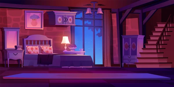Castle bedroom interior at night vector illustration. Antique bed, mirror, dressing wardrobe and stairs in room with scattered magic light glow at nighttime. Luxury palace apartment indoor game