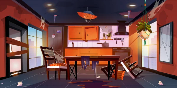 Zerstörte Kücheneinrichtung Städtischer Wohnung Vektor Cartoon Illustration Des Verlassenen Esszimmers — Stockvektor