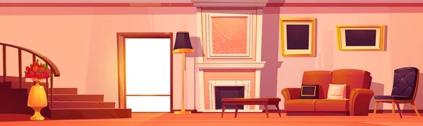 Couch Und Kamin Luxuriösen Wohnzimmer Interieur Cartoon Hintergrund Couchtisch Sessel — Stockvektor