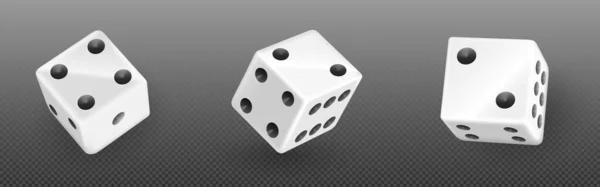 三维赌场游戏玩立方体滚动隔离矢量图标 白色现实赌博扑克吉祥正方形滚动与四个和两个圆点的数字集 带有风险的随机赌博游戏娱乐玩具 — 图库矢量图片