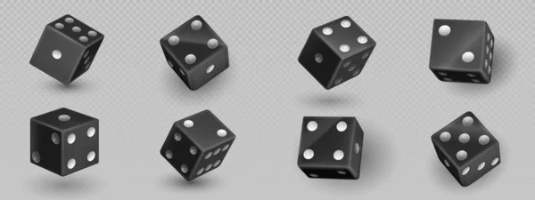 黑色骰子 3D矢量图集 赌博和赌场游戏理念的现实方块的坠落和滚动 方块碎片或死亡游戏片 两边有不同数量的白点 — 图库矢量图片