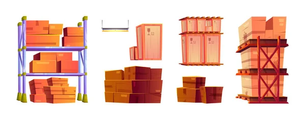 带有托盘和盒子向量的仓库内部设置 工厂物流行业的包装交付 储存架与货物包裹中的货物隔离 附有邮包的图解机库建筑 — 图库矢量图片