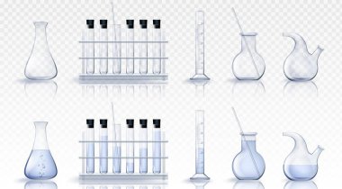 3D laboratuvar cam deney şişesi ekipman vektörü. Bilim laboratuarı gerçekçi cam ve tüp. Kimyasal matara seti. Boş ve dolu bilimsel ölçüm tüpü, sıvı ilaç suyuyla dolu.