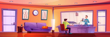 Müzik stüdyosundaki adam kabin odası çizgi film vektörü. Vokalist ve prodüktör karakterli ses prodüksiyonu. Radyo yayını için profesyonel karıştırma ekipmanları istasyonu. Mor kapının yanındaki koltukta.