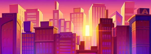Prachtige Zonsopgang Achter Moderne Stadsgebouwen Vector Cartoon Illustratie Van Vroege — Stockvector
