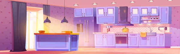 Interior Cozinha Dos Desenhos Animados Limpo Cheio Luz Moderna Sala — Vetor de Stock
