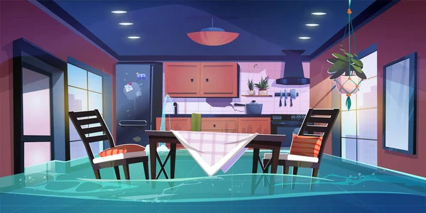 Flood Broken Kitchen House Room Vector Cartoon Background Problema Seguro — Vetor de Stock