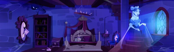 Verlaten Oude Kasteel Slaapkamer Met Zwevende Prinses Geest Cartoon Illustratie — Stockvector