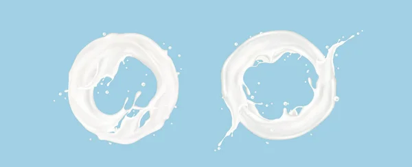 Realistic Set Milk Splash Circles Isolated Blue Background Vector Illustration — Stock Vector