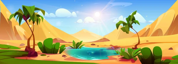 Palmiye Ağacı Karikatür Arkaplanlı Çöl Vahası Mısır Sahara Oyunu Göl — Stok Vektör