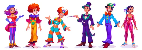 Set Aus Zirkuszeichentrickfiguren Vektorillustration Verschiedener Zirkus Oder Karnevalskünstler Hellen Szenischen — Stockvektor