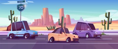 Çöl batı yolu ve araba trafiği çizgi film arka planı. Yazın vahşi manzaralı Arizona gezisi rotası. Kaktüs kuraklıkta batı vadisinde, kaya ve Teksas yol tabelasının yanında.