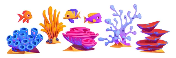 Підводні Рослини Тварини Яскраві Водорості Водорості Корали Рифи Риби Мультфільм — стоковий вектор