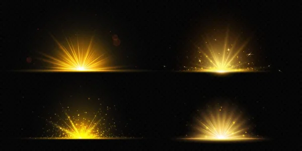 Oro Esplode Luce Splendente Del Vettore Effetto Raggi Solari Magica — Vettoriale Stock