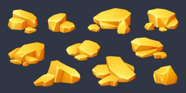 Siyah arka planda izole edilmiş altın külçeleri. Altın levhaların vektör çizimi, maden ya da hazine mağarası tasarımı elementleri, kehribar kristalleri, sarı değerli taşlar, kraliyet serveti, oyun varlıkları