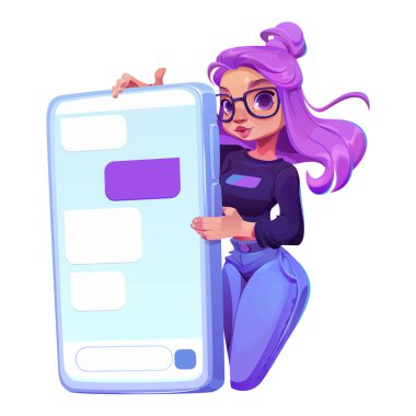 Mutlu kız büyük telefondan tam ekran mesaj kullanıyor. Arka planda Clipart kişisi olan telefon simgesi izole edildi. Promosyonlu cep telefonu tutan genç kadın karakterin web sitesi reklam tasarımı