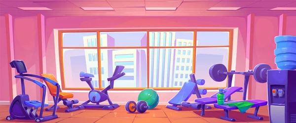 Sport gym studio room for exercise with equipment cartoon vector background. Fitness hall interior with treadmill, dumbbell, bench, barbell and skyscraper cityscape in window graphic illustration