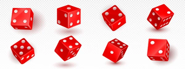 透明な背景に分離された赤いサイコロの現実的なセット チェンジのゲーム ギャンブル資産 勝つランダムなチャンス 幸運のシンボルのための側面のスポットを持つ3Dゲームキューブのベクトルイラスト — ストックベクタ