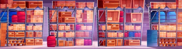 仓库的内部有托盘和盒子 货仓里的货架全开了配送机库大楼 堆满了木箱和纸板箱游戏的库存 — 图库矢量图片