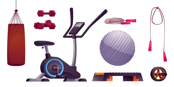Vector Sport Turngeräte Cartoon Set Fitnessmöbel Für Hause Mit Gewichten — Stockvektor