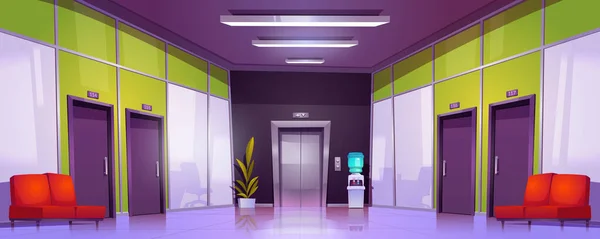 Bürogebäudekorridor Innen Mit Zimmertüren Und Aufzug Leere Büroflure Mit Möbeln — Stockvektor