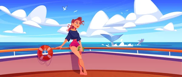 Girl Cruise Ship Deck Cartoon Vector Scene Boat Bow Embankment — Stock Vector