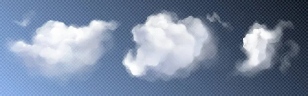 Белый Реалистичный Пушистый Облачный Дым Небе Прозрачный Векторный Набор Изолированный — стоковый вектор