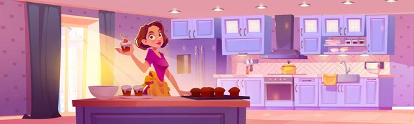 Wanita Dengan Cupcake Ilustrasi Vektor Dapur Kepala Wanita Memanggang Permen - Stok Vektor